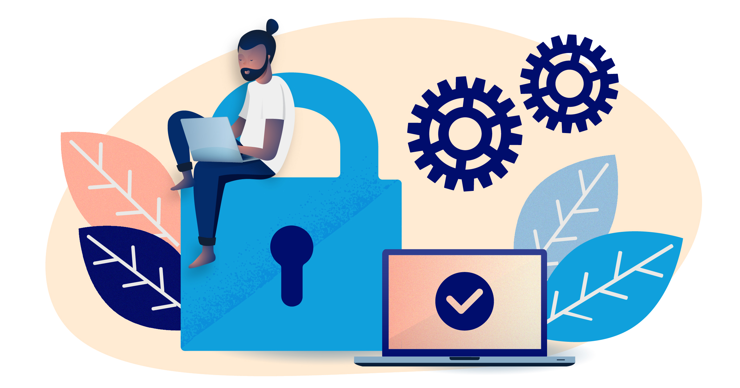 An illustration of a teacher with a laptop sitting on top of a lock next to gears and a laptop