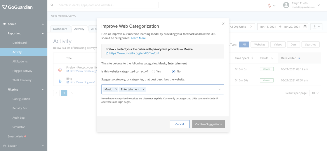 A screenshot of GoGuardian Admin's improve web categorization pop-up