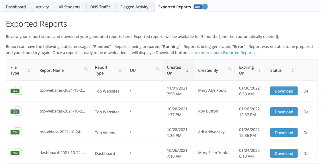 A screenshot of GoGuardian Teacher's exported reports tab