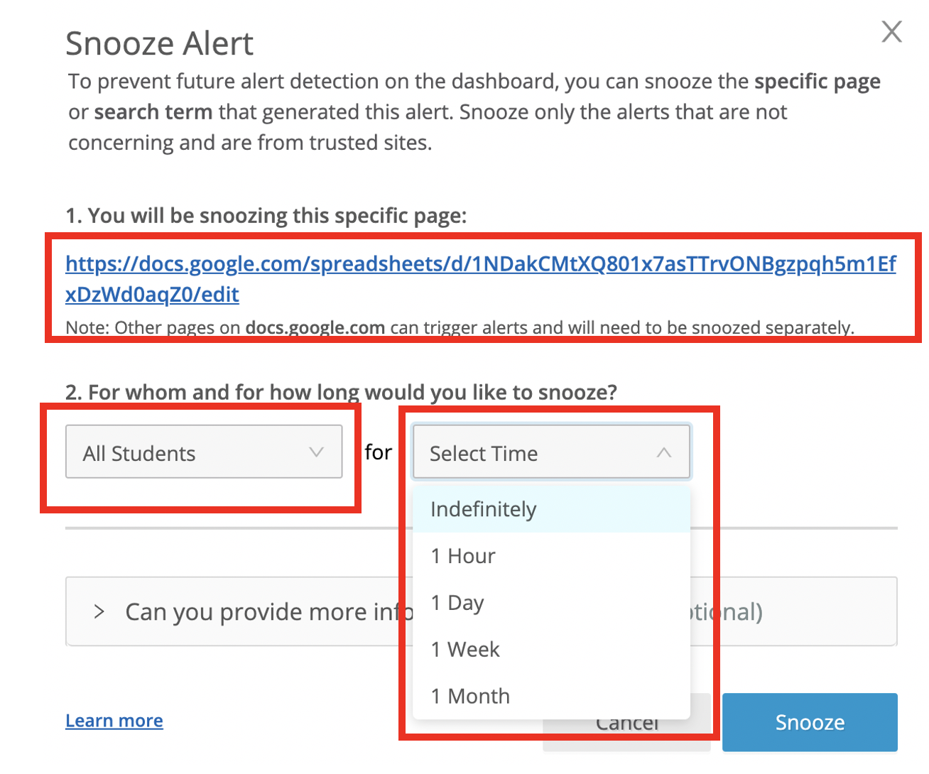 A GoGuardian Beacon screenshot of the snooze alert screen with a variety of options highlighted