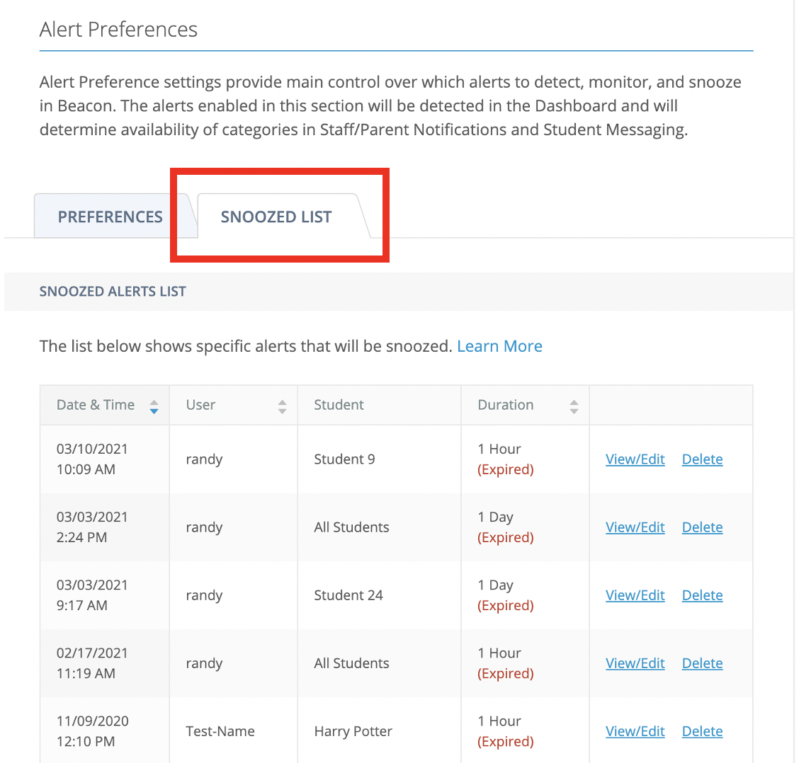 A GoGuardian Beacon screenshot of the alert preferences screen with the snoozed list highlighted