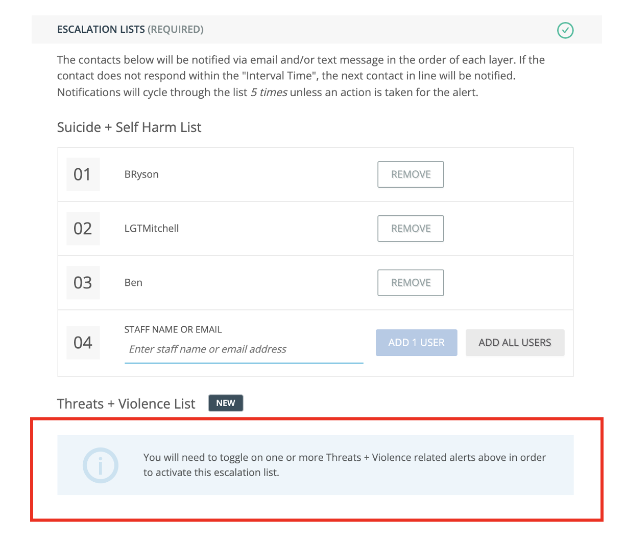 A screenshot of GoGuardian Beacons escalation lists with the threats and violence list highlighted