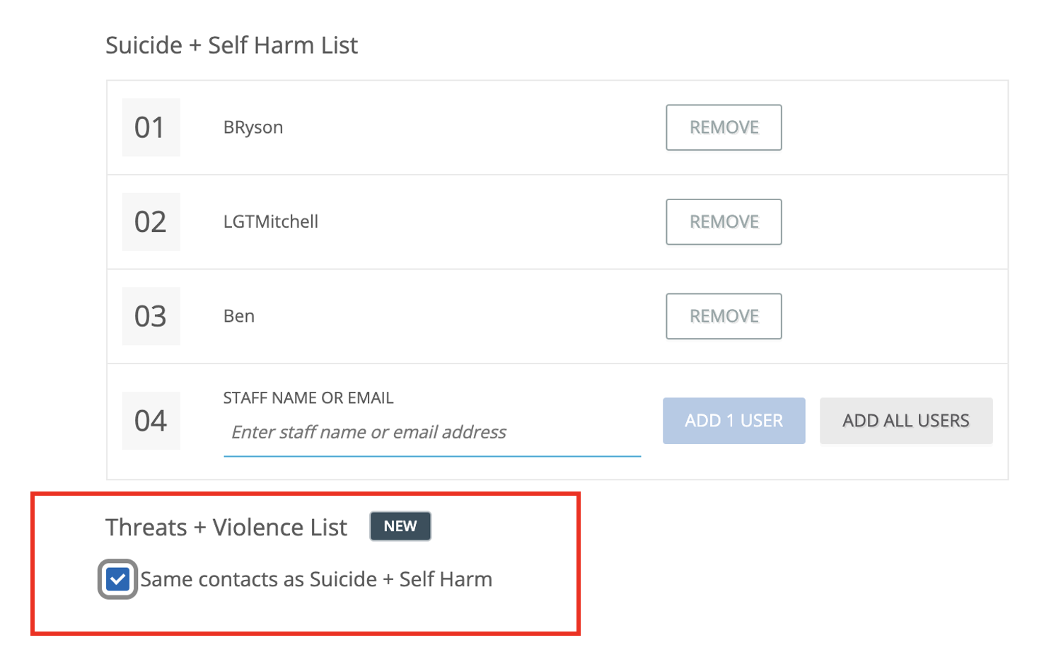 A screenshot of GoGuardian Beacons suicide and self harm list with the threats and violence list highlighted