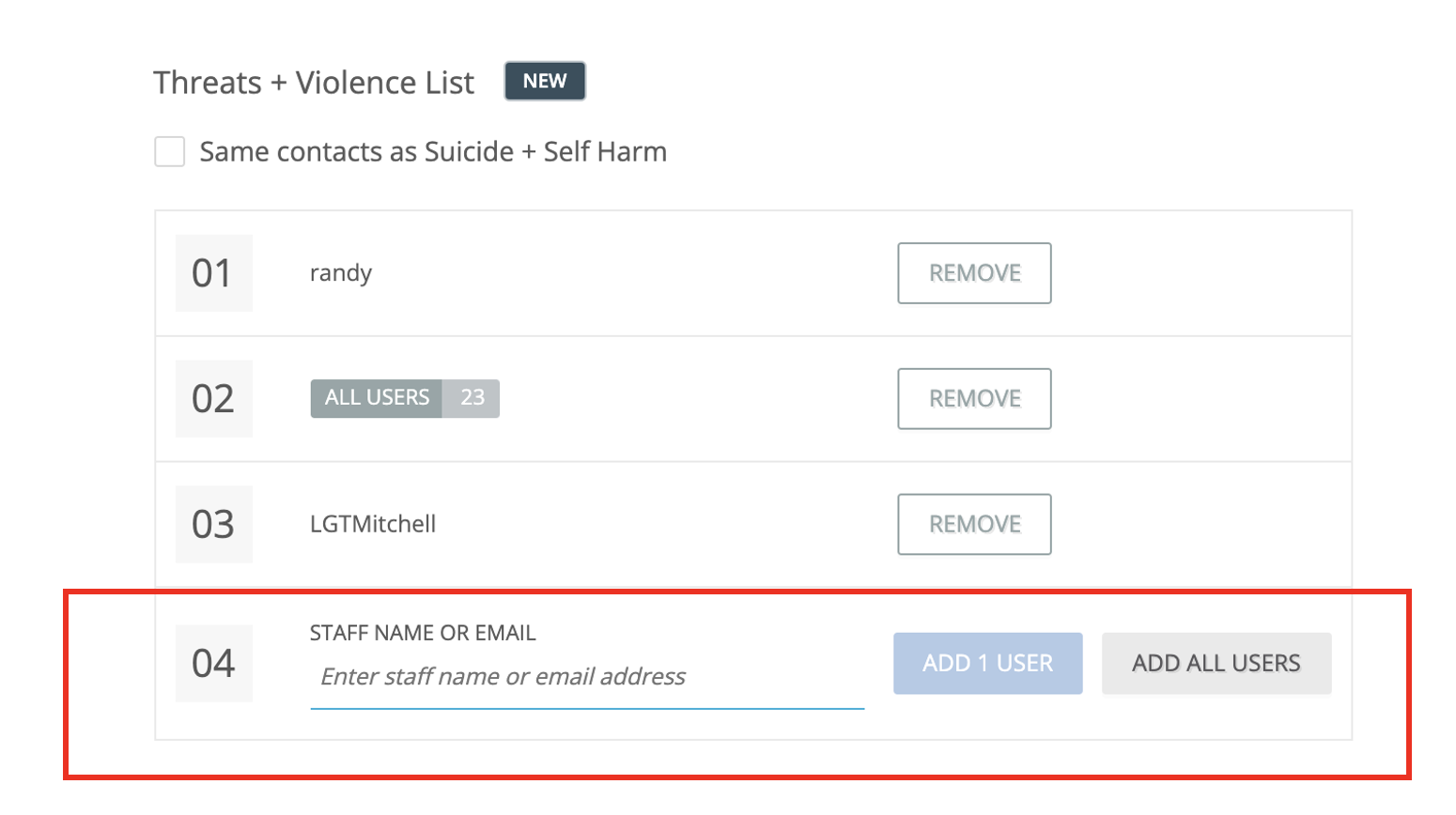 A screenshot of GoGuardian Beacons threats and violence list with the staff name or email box highlighted