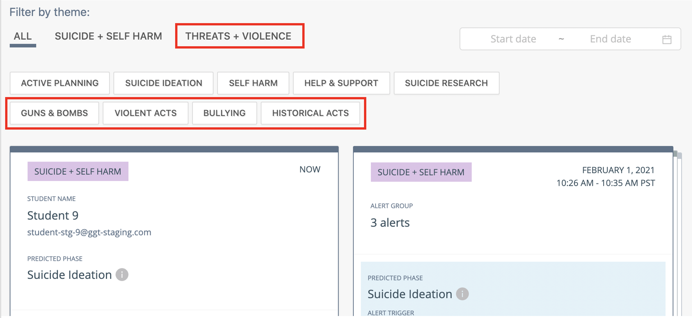 A screenshot of GoGuardian Beacon with the threats and violence tab highlighted, as well as the guns and bombs, violent acts, bullying, and historical acts buttons highlighted