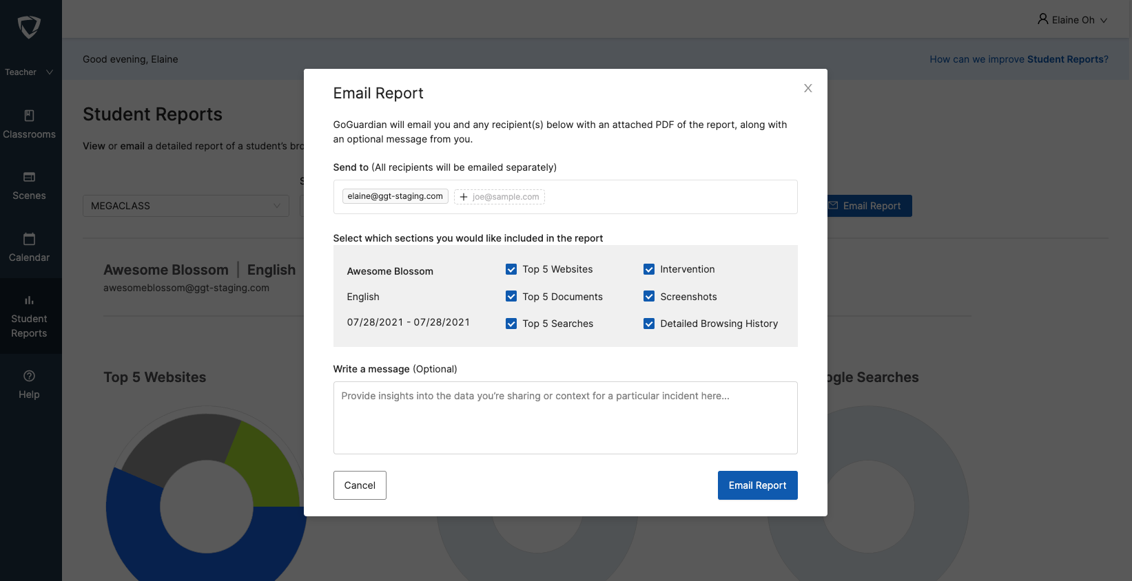 A screenshot of GoGuardian Teacher's email report function