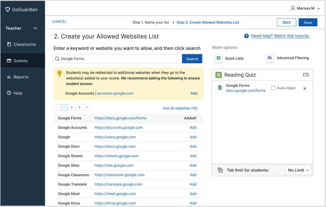 A screenshot of the GoGuardian Teacher Scenes create your allowed websites list screen