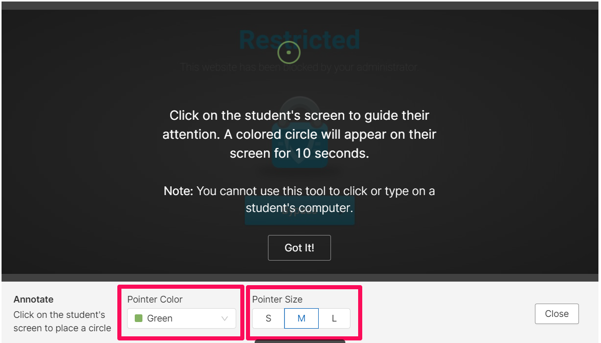 A screenshot of the annotate student screen feature in GoGuardian Teacher