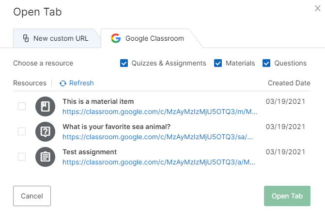 A screenshot of a Google Classroom tab