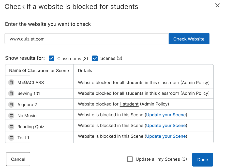 A screenshot of the GoGuardian Teacher check if a website is blocked for students tab