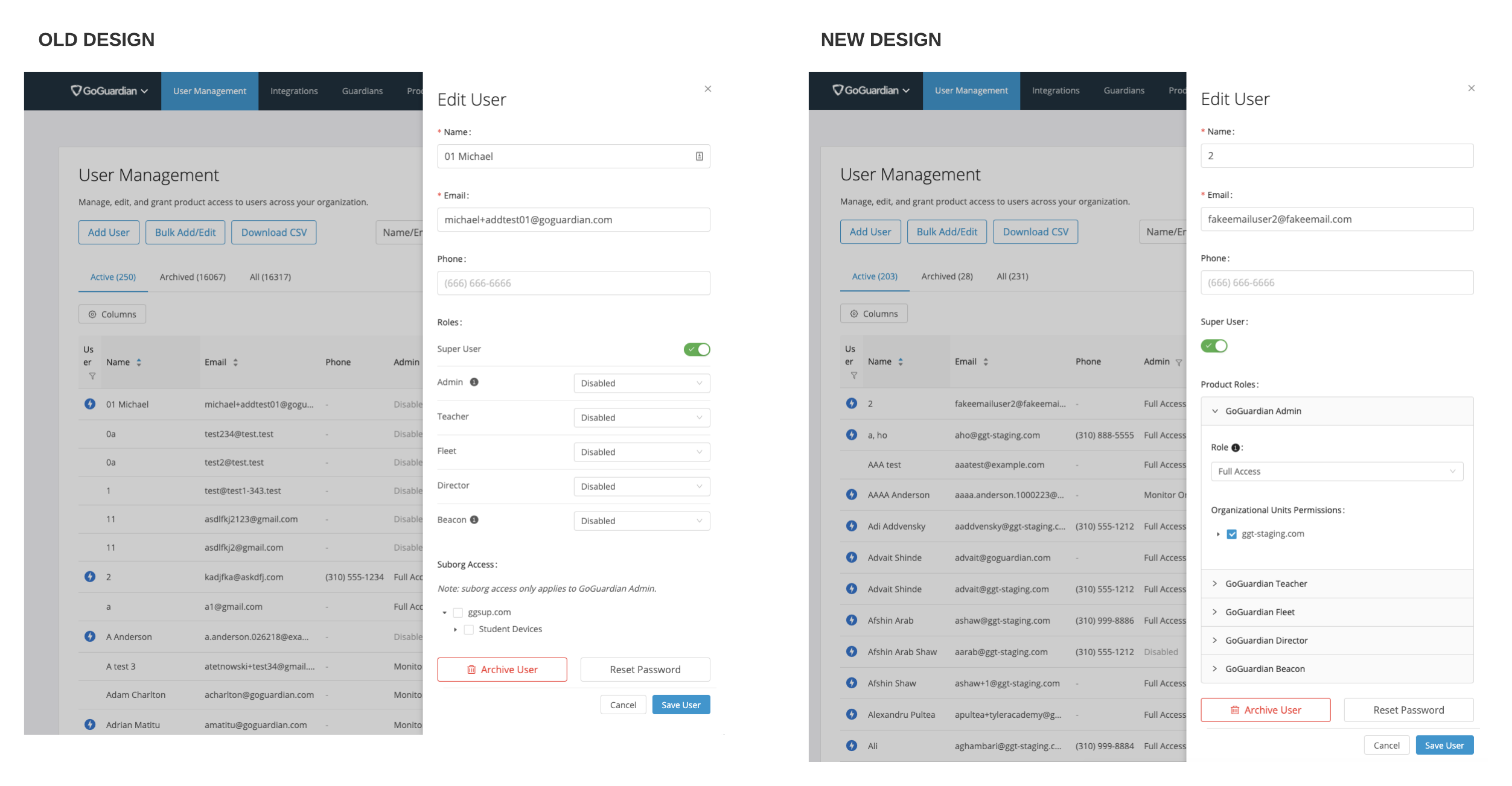 A screenshot of the old and new GoGuardian Admin user interfaces next to each other